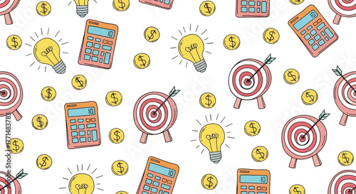 Financial Concept Seamless Pattern with Calculators, Light Bulbs, and Target Icons on White Background