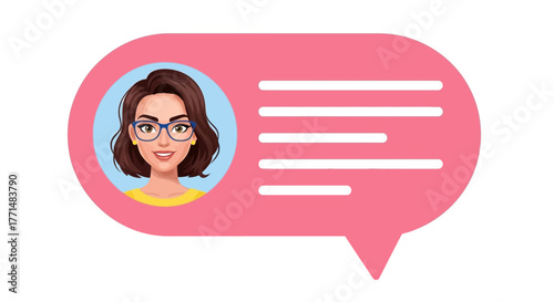 Illustration of a Woman's Face in a Chat Bubble with Text Lines, Representing Communication and Dialogue
