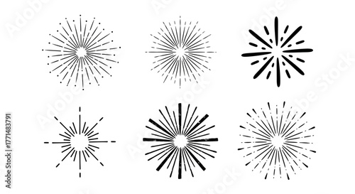 Set of six hand-drawn vector sunburst and starburst elements, perfect for adding dynamic effects, retro style, or celebratory pop to design projects and branding
