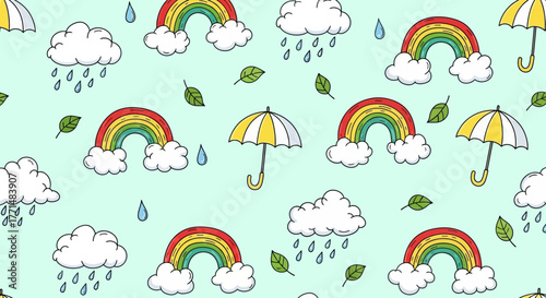 Cute cartoon seamless pattern with colorful rainbows, umbrellas, clouds, and falling raindrops on a light blue background, perfect for children's designs