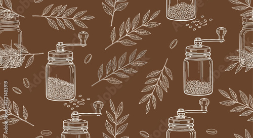 Vintage Coffee Grinder and Botanical Elements Seamless Pattern Design on Brown Background