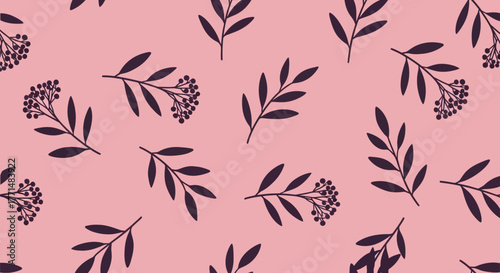 Delicate sprigs of flora bloom across a soft rose pink background, creating a subtle botanical pattern