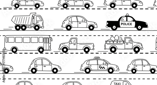 A Seamless Pattern of Various Vehicles in a Stylized Black and White Illustration