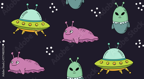 Playful seamless pattern of cartoon aliens, vibrant flying saucers, and twinkling stars on a deep space background, great for kids' projects or science fiction themes