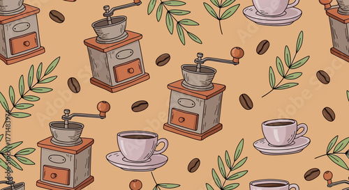 Coffee Time Pattern with Grinders, Cups, Beans, and Greenery