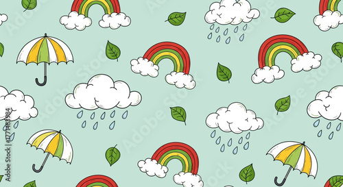 Charming seamless weather pattern with hand-drawn rainbows, rain clouds, umbrellas, and green leaves. Perfect for playful spring themes, children's designs, and cheerful backgrounds