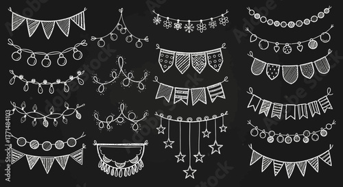 Festive Hand-Drawn Garland Set Flags, Lights, Stars for Celebrations and Decorations