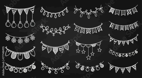 Collection of hand-drawn chalkboard style decorative garlands, string lights, and festive pennant banners with doodle elements for celebrations and events