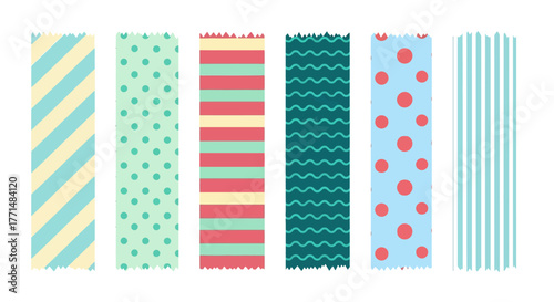 A colorful collection of decorative washi tape strips with various geometric patterns like stripes, polka dots, and waves. Vector graphic design elements for scrapbooking and crafts