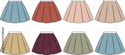 A vibrant collection of colorful pleated mini skirts for women's fashion design. Vector set of isolated apparel illustrations for wardrobe styling and clothing concepts