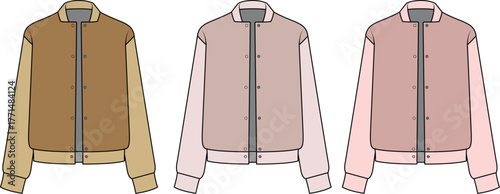 Vector Flat Sketch of Three Unisex Bomber Jackets in Shades of Brown and Pink