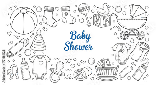 Hand-drawn doodle illustration of newborn baby shower items. A vector sketch collection of child care essentials and toys arranged in a frame