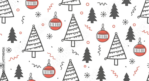 Hand-drawn Christmas Tree and Ornament Seamless Pattern with Snowflakes and Squiggles