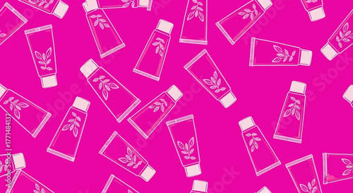 Cosmetic Tube Pattern Decorative Arrangement of Skincare Product Illustrations on a Bright Pink Background