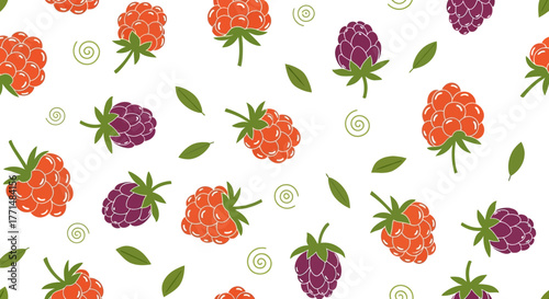 Berry Burst A vibrant pattern featuring raspberries and blackberries with green leaves on a white background