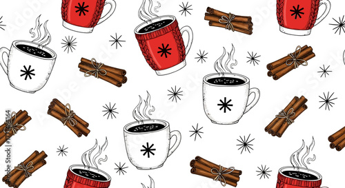 Festive seamless pattern with hand-drawn red and white mugs of hot coffee, cinnamon sticks, and snowflakes on a white background, perfect for winter holidays