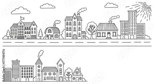 A minimalist illustration of a town skyline with various buildings and a sunny sky, depicting urban and suburban architecture