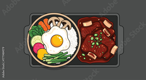 Delicious Korean barbecue ribs with rice and vibrant vegetables for a satisfying meal, perfect for foodies and culinary adventures