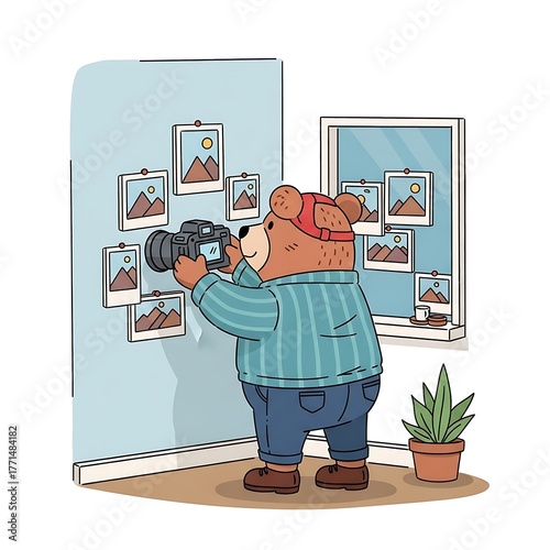 An illustrated bear, wearing a cap and striped sweater, uses a camera to photograph mounted pictures. He stands by a wall and window