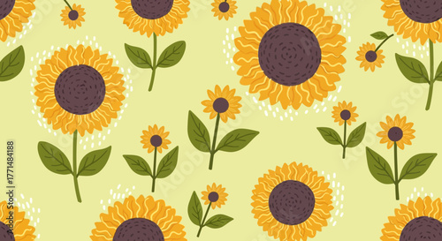 Seamless vector pattern with decorative sunflowers on a yellow background. Hand-drawn summer floral botanical illustration