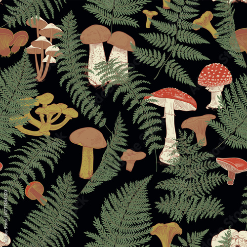Seamless pattern with the image of mushrooms and ferns. Vector illustration	