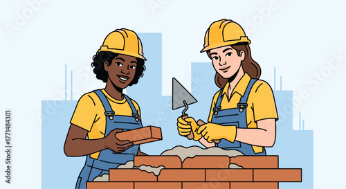 Diverse women succeeding in construction building brick wall together with safety gear on, demonstrating teamwork and empowerment in skilled trades