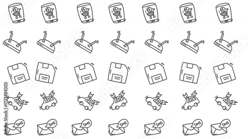 Collection of Vintage Technology Icons Arranged in a Wave Pattern Computers, Floppy Disks, Cars, and Email Symbols Representing a Digital Era