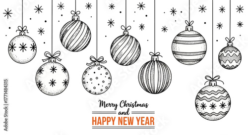 Elegant hand-drawn line art illustration of Christmas baubles hanging with delicate snowflakes, creating a festive scene perfect for holiday season greetings and New Year celebrations