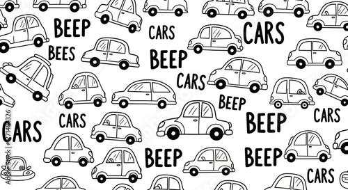 Playful Car and Text Pattern 'Cars' and 'Beep' in a Fun, Black and White Design