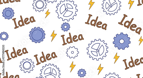 Creative Idea Concept Gears, Lightning, and the Word 'Idea' Pattern on White Background