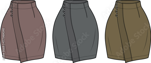 Three Skirt Designs Brown, Gray, and Olive, Fashion Illustration for Apparel Design and Style