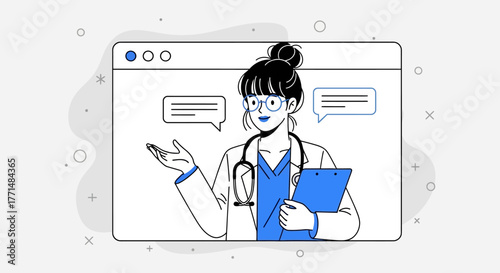 Professional female doctor offering virtual medical consultation and online healthcare services through a digital platform, emphasizing telehealth and remote patient support and digital care solutions