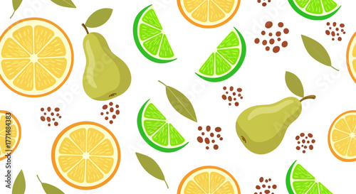 Seamless Pattern with Citrus Fruit Slices and Pears on White Background
