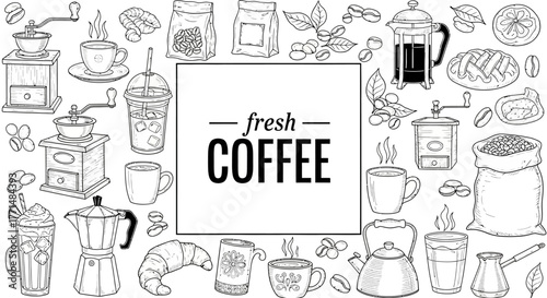 Fresh coffee beverage and brewing accessories hand-drawn illustration with coffee beans, cups, grinders, and pots