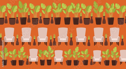 Repeating graphic background with rows of modern armchairs and indoor plants. Flat vector illustration for interior design or home decor concepts