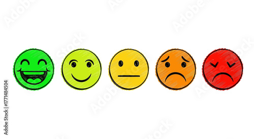 Colorful hand-drawn feedback scale emoticons illustrating customer satisfaction levels, from very happy to very displeased, for surveys and reviews