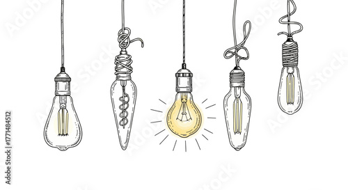 Collection of five vintage incandescent light bulbs hanging from wires, one illuminated, showcasing different filament designs and glass shapes, on a white background