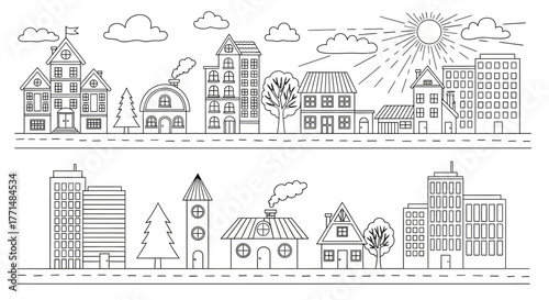 Cityscape Vector Illustration Black and White Buildings, Skyline, and Urban Scenery in Line Art