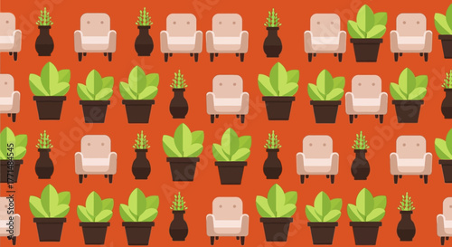 Repeating pattern featuring potted plants, armchairs, and vases arranged on an orange background