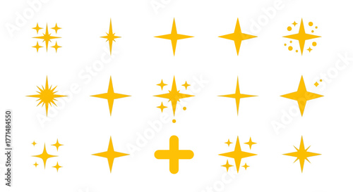 Collection of Yellow Sparkle and Shine Icons with Starburst and Plus Signs, Vector Graphics for Design Elements