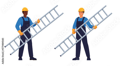 Skilled construction workers carrying ladder for home repairs and professional maintenance on white background, ideal for construction industry ads