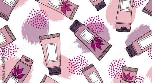 Cosmetics Packaging Pattern Repeating Tubes with Botanical Design and Abstract Background Elements