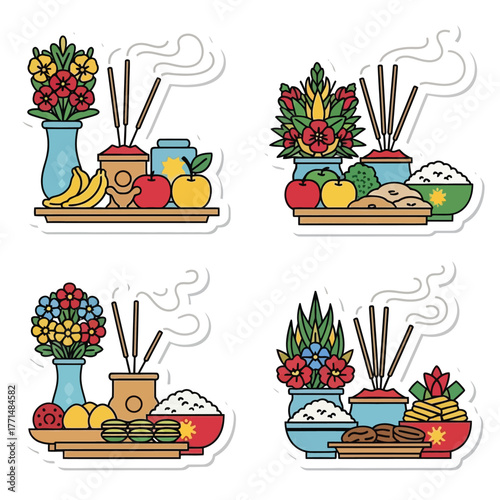 Four colorful offerings with flowers, fruit, rice, and incense sticks on trays, depicted in a flat vector style.