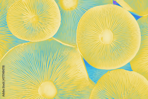 Inverted caps of wild mushrooms of yellow blue colors. Abstract macro background. Aesthetic photo, digital processing.