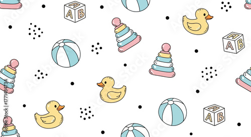 Seamless pattern of baby toys including stacking rings, rubber ducks, building blocks, and balls on a white background, perfect for nursery decor and children's products