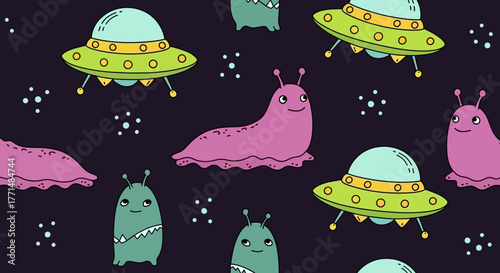 Whimsical cartoon aliens and colorful flying saucers create a delightful seamless pattern against a dark starry cosmos. A playful space-themed background illustration