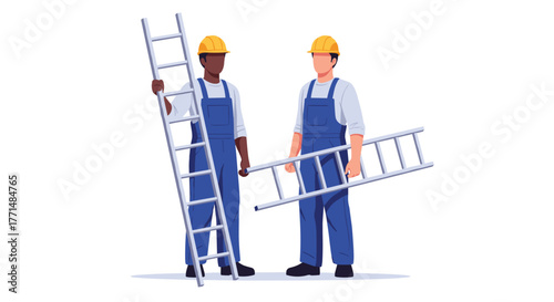 Two construction workers in blue overalls and yellow hard hats holding ladders, ready for a project, teamwork and industry professionals