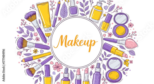 Collection of makeup and beauty products arranged in a circular frame with floral accents and the word 'Makeup' in the center