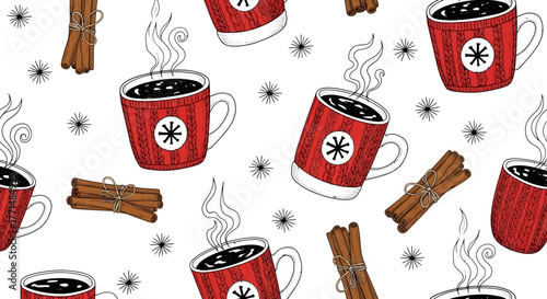 Cozy Christmas Mug Pattern with Cinnamon Sticks and Snowflakes on White Background