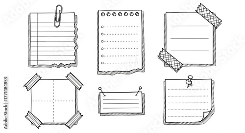 A hand-drawn collection of various note papers and memo sheets. Sketchy vector illustrations of stationery with paperclips, pushpins, and tape